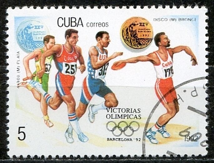 Cuba 1992 Scott 3450 Sello * Deportes Victorias Olimpicas Barcelona 5c Disco 4x400 Matasello de favor Preobliterado 